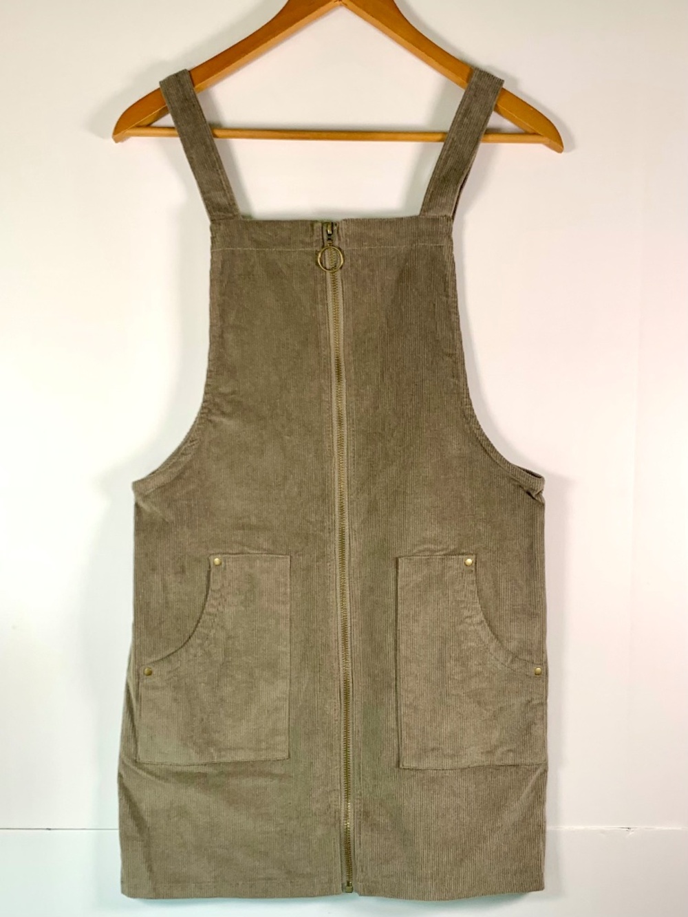 She + Sky Zip Up Corduroy Overall Pinafore Olive Green Khaki Utility Pockets